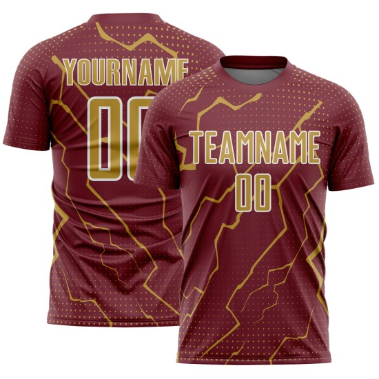 Sublimation Sports Lightning Burgundy Uniform Old Gold-White Custom Jersey Soccer Sublimation Sports Lightning Burgundy Uniform Old Gold-White Custom Jersey Soccer