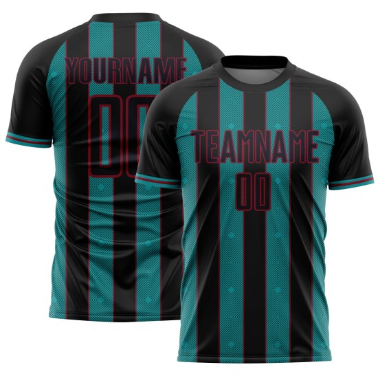 Black Soccer Uniform Jersey Pinstripe Teal-Crimson Sublimation Custom Sports Line